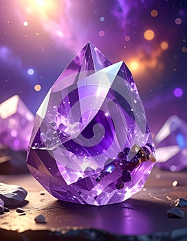 3D image of amethyst stone with a blurred multiverse background