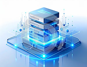 Futuristic Data Server Stack with Digital Network Connections