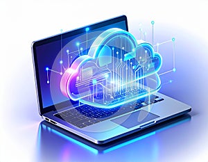 Futuristic Cloud Computing Concept with Laptop and Glowing Network