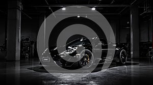 Black Sports Car Laner Luxury Vehicle in Dark Garage