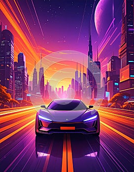 Technology background electric car with technology trails, color of palatte orange
