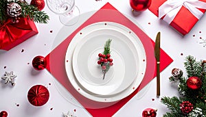 Advertising - testimonial photo of new year table red and white flat lay