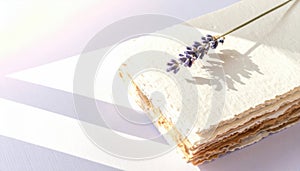Delicate Lavender Sprig on Stack of Textured Paper