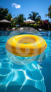 Yellow pool float, floating ring in a refreshing blue swimming pool.
