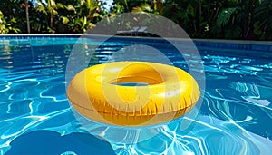Yellow pool float, floating ring in a refreshing blue swimming pool.