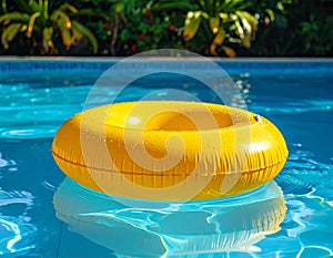 Yellow pool float, floating ring in a refreshing blue swimming pool.