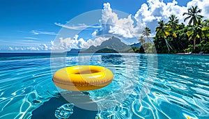 Yellow pool float, floating ring in a refreshing blue swimming pool.