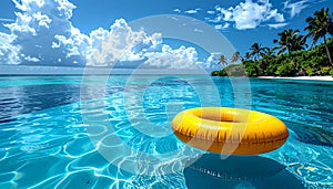 Yellow pool float, floating ring in a refreshing blue swimming pool.