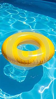 Yellow pool float, floating ring in a refreshing blue swimming pool.