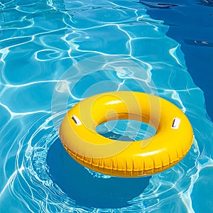 Yellow pool float, floating ring in a refreshing blue swimming pool.