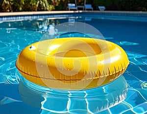 Yellow pool float, floating ring in a refreshing blue swimming pool.