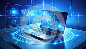 Futuristic Laptop with Digital Interface and Global Data Visualization