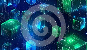 Futuristic Digital Cubes Representing Data Storage and Cloud Computing in a Neon Blue and Green Network