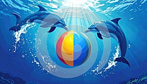 3 blue dolphins forming a circle and in the center of this circle a ball with vertica