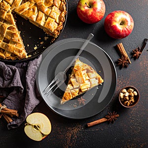 a piece apple pie top view