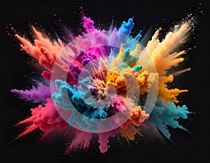 Explosion of powder in diffferent colours on a black background