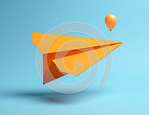 Minimal balloon 3D image of simple hand made paper airplane, made with orange paper