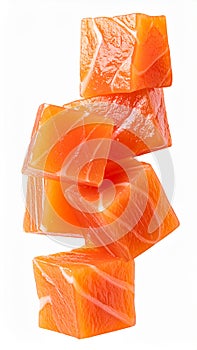 Salmon slices isolated on white background with clipping path, red fish cubes, ingred