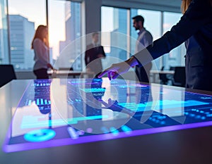 high-tech digital interactive table displaying vibrant blue and purple data visualizations