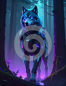 Ilustrasi serigala setengah robot berdiri gagah di tengah hutan belantara malam hari