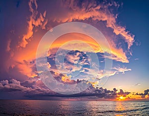 Dramatic sunset over an ocean, featuring a sky