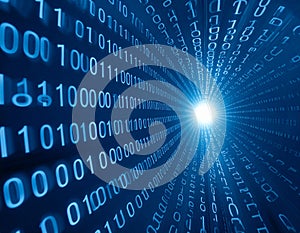 Blue digital tunnel composed of binary code (0s and 1s)