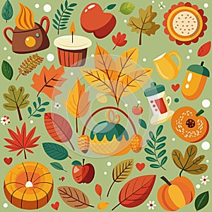 Generated image. Abstract background of light green color with yellow objects that characterize the autumn season photo