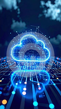 Abstract cloud computing concept with glowing digital cloud and circuit board.