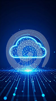 Abstract cloud computing concept with glowing digital network on blue background.