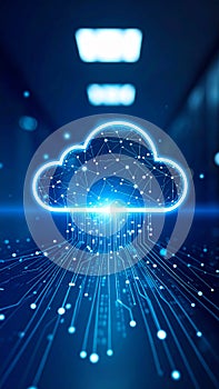 Abstract cloud computing concept with glowing lines and data transfer visualization