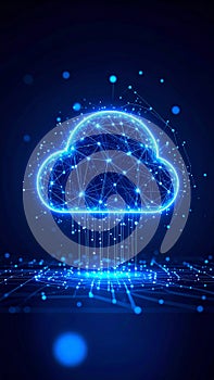 Abstract cloud computing concept with glowing network connections on dark background.