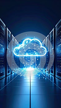 Abstract cloud computing concept with illuminated cloud and server racks.