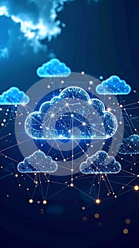 Abstract cloud computing network data transfer and storage concept illustration