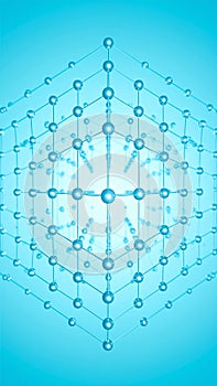 Abstract 3D cube structure with interconnected spheres on a gradient blue background