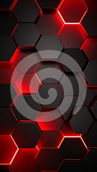 Abstract 3D hexagonal pattern with glowing red light, modern technology background