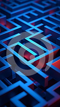 Abstract 3D maze in blue and red, complex pathfinding concept, challenge and problem solving