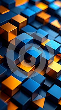 Abstract 3D rendering of blue and gold metallic cubes in a repeating pattern