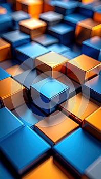 Abstract 3D rendering of blue and gold metallic cubes in a repeating pattern