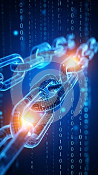 Abstract digital blockchain concept with glowing chain links and binary code background.