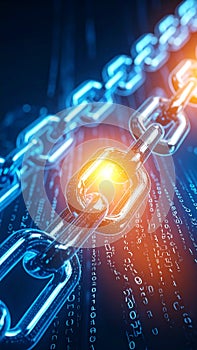 Abstract digital chain with glowing links and binary code background
