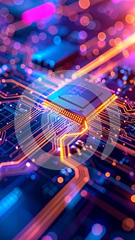 Abstract digital circuit board with glowing processor and data pathways