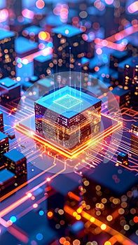 Abstract digital circuit board with glowing processor and data streams.