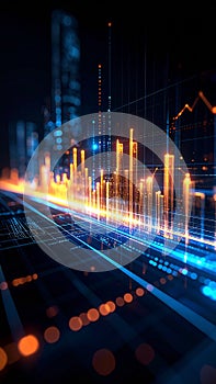 Abstract Digital Cityscape with Glowing Lines and Data Visualization