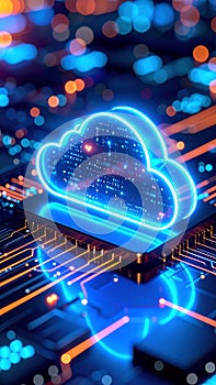 Abstract digital cloud computing concept with glowing circuit board and data transfer