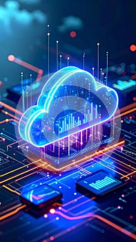 Abstract digital cloud computing concept with glowing circuit board elements