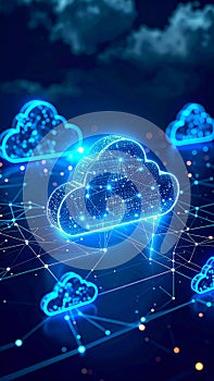 Abstract digital cloud computing network concept with glowing lines and dots