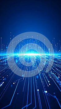Abstract digital data flow visualization with glowing lines and dots on blue background