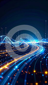 Abstract digital data flow visualization with glowing lines and dots on a dark background