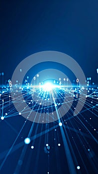Abstract digital data network with glowing lines and binary code on blue background