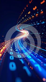 Abstract digital data stream with binary code flowing through a tunnel.